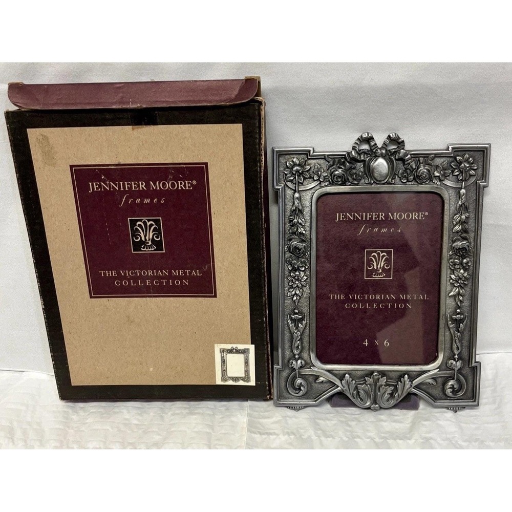 Jennifer Moore Picture Frame Victorian Metal Collection Pewter Bow & Medallion